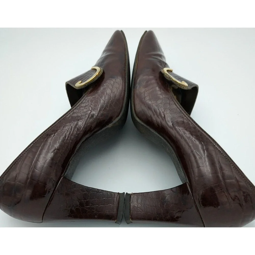 Vtg Town And Country Faux Alligator Block Heeled Pumps Womens 8 AA Brown Leather